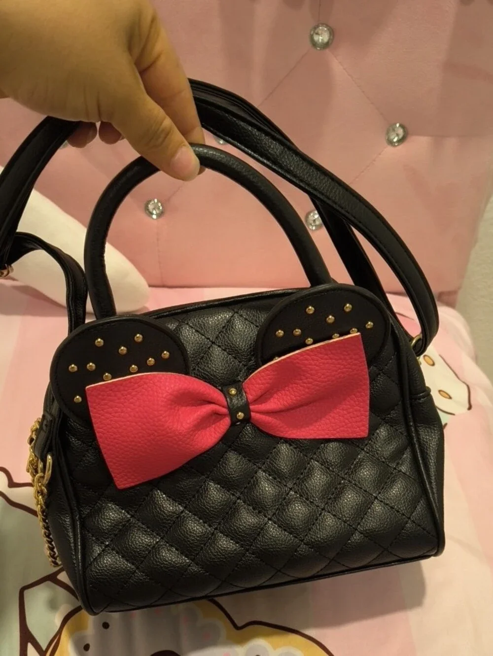 Black Quilted Crossbody Bag with Pink Bow